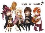  blue_eyes blush broom brown_hair candy character_request chibi closed_eyes d.gray-man green_eyes hat jack-o&#039;-lantern long_hair maki_(lovyu) open_mouth orange_hair short_hair simple_background smile striped striped_legwear thigh-highs white_background witch_hat yellow_eyes 