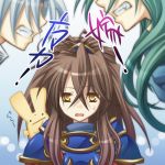  1girl 2boys arle_nadja armor brown_hair carbuncle_(puyopuyo) creature fighting green_hair grey_hair keshizumi_(karaboko) long_hair lowres multiple_boys puyopuyo satan_(puyopuyo) schezo solo_focus sweat yellow_eyes 