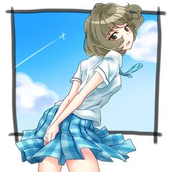  1girl airplane arms_behind_back blue_eyes blush brown_hair clouds condensation_trail from_behind green_eyes heterochromia idolmaster idolmaster_cinderella_girls looking_at_viewer looking_back necktie open_mouth plaid plaid_skirt rough_time_school school_uniform short_hair skirt sky solo takagaki_kaede touryou 