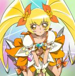  1girl blonde_hair cure_sunshine from_above haruyama heart heartcatch_precure! looking_at_viewer magical_girl midriff myoudouin_itsuki navel precure sitting skirt solo twintails wariza yellow_eyes 