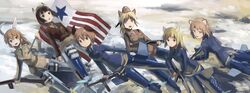  6+girls animal_ears aqua_eyes blonde_hair blue_eyes bomber_jacket brown_eyes brown_hair cecilia_e_harris charlotte_e_yeager clouds flag flying garrison_cap geena_preddy gun hair_ribbon hat highres jennifer_j_deblanc kanokoga katharine_ohare long_hair looking_at_viewer marian_e_carl military military_uniform multiple_girls necktie ponytail rabbit_ears ribbon short_hair sky strike_witches striker_unit tail they&#039;re_not_panties uniform weapon 