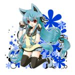  1girl aji_paba animal_ears blue_hair long_hair open_mouth red_eyes smile solo tail thigh-highs very_long_hair 