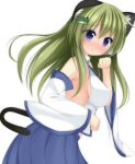  1girl :o animal_ears blue_eyes blush breasts cat_ears cat_tail chimunge detached_sleeves frog_hair_ornament green_eyes green_hair hair_ornament hair_tubes kemonomimi_mode kochiya_sanae skirt solo tail touhou 