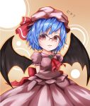 1girl arms_behind_back ascot bat_wings bespectacled blue_hair bow brooch brown_background diamond-shaped_pupils fang glasses hat hat_ribbon jewelry looking_at_viewer mob_cap outline over-rim_glasses parted_lips puffy_short_sleeves puffy_sleeves red-framed_glasses red_eyes remilia_scarlet ribbon semi-rimless_glasses short_hair short_sleeves skirt skirt_set solo tamagonof_(4010720) touhou wings 