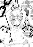  1girl armpits arms_up blush chain chained flandre_scarlet hat highres long_hair monochrome navel porurin_(do-desho) side_ponytail solo spread_legs thigh-highs tongue tongue_out touhou wings 