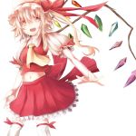  1girl ascot blonde_hair bow fang flandre_scarlet hat hat_bow midriff navel open_mouth puffy_sleeves shirt short_sleeves side_ponytail simple_background skirt skirt_set smile solo thigh-highs touhou umagenzin vest white_background white_legwear wings yellow_eyes zettai_ryouiki 