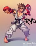  1girl barefoot breasts brown_hair character_name cleavage dougi eyebrows fighting_stance fingerless_gloves genderswap gloves headband kote lost-tyrant muscle no_bra punching ryuu_(street_fighter) sideboob spiky_hair street_fighter thick_eyebrows torn_clothes torn_sleeves watermark web_address 