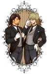  2boys barnaby_brooks_jr blonde_hair brown_eyes brown_hair facial_hair formal glasses gloves green_eyes kaburagi_t_kotetsu katou_setsuko multiple_boys necktie stubble suit tiger_&amp;_bunny vest waistcoat white_gloves 