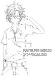  1boy character_name gari_(apollonica) hatsune_mikuo lineart looking_at_viewer monochrome necktie short_hair smile solo title_drop vocaloid 