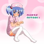  1girl alternate_costume blue_eyes blue_hair blush character_name frown garter_straps hair_bobbles hair_ornament hat high_collar jinnouchi_akira kawashiro_nitori key looking_at_viewer no_shoes nurse nurse_cap paw_pose pink_background puffy_short_sleeves puffy_sleeves short_hair short_sleeves sitting solo sweatdrop thigh-highs touhou twintails white_legwear 