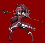  1girl bow foreshortening grin hair_bow highres long_hair magical_girl mahou_shoujo_madoka_magica pocky polearm ponytail red_background red_eyes redhead sakura_kyouko simple_background smile solo soul_gem spear thigh-highs toshi_gahara weapon zettai_ryouiki 