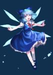  1girl :d blue_background blue_eyes blue_hair bow cirno dress fang hair_bow highres open_mouth outstretched_arms short_hair sigure_(drizzle) simple_background smile solo spread_arms touhou wings 