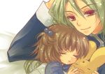  1boy 1girl age_difference arle_nadja brown_hair carbuncle_(puyopuyo) child creature green_hair hair_bobbles hair_ornament long_hair nanayunyu puyopuyo red_eyes satan_(puyopuyo) short_hair sleeping smile young 