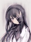  1girl akemi_homura black_eyes black_hair bust covering_one_eye grey_background hand_on_own_face hand_over_eye kawata_hisashi long_hair looking_at_viewer mahou_shoujo_madoka_magica muted_color simple_background sketch sleeves_past_wrists solo tears 