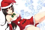  1girl :d bare_shoulders bell bell_collar bow breasts brown_hair cleavage collar detached_sleeves fur_trim hat open_mouth original red_eyes santa_costume santa_hat smile snowflakes solo soratanhaahaa 