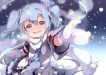  1girl blue_hair detached_sleeves hatsune_miku headset mittens necktie open_mouth outstretched_arm scarf solo twintails umiko_(munemiu) vocaloid yuki_miku 