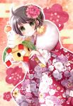  1girl ahoge ayuko_(ayuco) black_hair floral_print flower food fruit green_eyes grin hair_flower hair_ornament japanese_clothes kimono mandarin_orange new_year obi original short_hair smile snake solo 