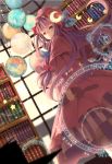  1girl book bookshelf cape coat crescent dress hair_ribbon hat library long_hair long_sleeves looking_at_viewer magic_circle mia0309 patchouli_knowledge purple_hair ribbon solo striped striped_dress touhou tress_ribbon turning very_long_hair violet_eyes wide_sleeves window 