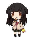  1girl bangs black_hair blunt_bangs brown_eyes chibi eating erubo long_hair lowres open_mouth original plaid plaid_skirt school_uniform shiokari_monaka simple_background skirt solo twintails two_side_up white_background 