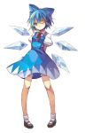  1girl bloomers blue_eyes blue_hair bobby_socks bow cirno dress hair_bow hime03 mary_janes shoes short_hair simple_background socks solo standing touhou white_background white_legwear wings wink 