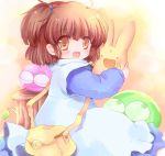  1girl arle_nadja bag blob brown_eyes brown_hair carbuncle_(puyopuyo) child creature dress hizukiryou puyo_(puyopuyo) puyopuyo short_hair side_ponytail smile young 