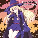  1girl blonde_hair blue_eyes boots cape grin happy_halloween hat highres long_hair multicolored_eyes puyopuyo red_eyes skirt smile solo trick_or_treat witch_(puyopuyo) witch_hat yamikage_gumi 