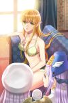  3girls bare_arms bare_legs bare_shoulders bird blonde_hair bra briska collarbone couch cross eisenwane elf green_eyes hat kocchan lingerie long_hair lowres midriff multiple_girls navel open_mouth panties parrot pointy_ears purple_hair sigmund sitting sword_girls treanna underwear violet_eyes wings 