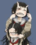  2girls black_hair cyclops fighting horns mouth_pull multiple_girls oni original polo_(pixiv1844541) school_uniform tears 