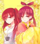  2girls chinese_clothes hair_stick hutuumikan long_hair magi_the_labyrinth_of_magic morgiana multiple_girls pink_eyes pink_hair red_eyes redhead ren_kougyoku side_ponytail twintails yellow_background 