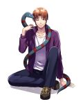  1boy animalization asurafkmt caster_(fate/zero) fate/zero fate_(series) jacket leopard_print orange_hair purple_jacket sanek shoes sneakers uryuu_ryuunosuke 