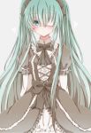  1girl bowtie corset dress eyepatch gothic_lolita green_eyes green_hair hair_ribbon hatsune_miku hiro_(hirohiro31) lolita_fashion long_hair ribbon simple_background solo twintails very_long_hair vocaloid 