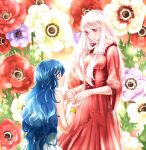  2girls blue_hair blush bracelet dress flower hands_together jewelry long_hair looking_at_another multiple_girls mutou_mato open_mouth original red_eyes silver_hair smile 