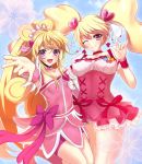  2girls :d \m/ aida_mana avy417 bike_shorts blonde_hair blue_background bow choker corset cure_heart cure_peach curly_hair dokidoki!_precure fresh_precure! frills hair_ornament hairpin half_updo heart long_hair magical_girl miniskirt momozono_love multiple_girls open_mouth outstretched_hand pink_eyes ponytail precure ribbon shorts_under_skirt skirt smile twintails wink wrist_cuffs 