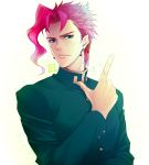  1boy chimachi earrings gakuran green_eyes jewelry jojo_no_kimyou_na_bouken kakyouin_noriaki pink_hair pointing school_uniform solo 