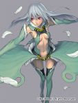  1girl breasts elbow_gloves feathers gloves grey_background hijiki_(b-stroke) long_hair midriff navel open_mouth original red_eyes silver_hair simple_background solo thigh-highs under_boob 