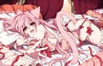  1girl :3 animal_ears ass bed blush body_blush bow breasts canopy_bed cat_ears cat_tail garter_belt garter_straps large_breasts long_hair looking_at_viewer lying on_stomach original outstretched_hand pillow pillow_hug pink_eyes pink_hair pink_legwear ribbon sideboob smile solo tail takatsuki_ichi thigh-highs vertical-striped_legwear vertical_stripes very_long_hair wrist_cuffs 