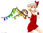  1girl adult arm_behind_back armband bare_shoulders blonde_hair blue_rose character_name collarbone dress flandre_scarlet flat_chest flower hat hat_ribbon highres hyou_haku red_dress red_eyes red_rose ribbon rose short_dress short_hair side_ponytail simple_background solo spaghetti_strap thorns touhou wings wrist_cuffs 