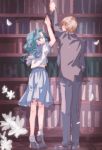  2girls aqua_hair bishoujo_senshi_sailor_moon blonde_hair bookshelf formal hairband helping kaiou_michiru kinako_(kota6) multiple_girls pant_suit pleated_skirt reverse_trap school_uniform serafuku skirt suit ten&#039;ou_haruka 