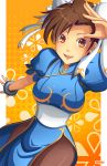  1girl boots bracelet breasts brown_eyes brown_hair brown_legwear bun_cover china_dress chinese_clothes chun-li double_bun earrings jewelry pantyhose short_hair solo spiked_bracelet spikes street_fighter 
