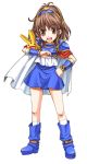  1girl :d arle_nadja armor armored_dress boots brown_eyes brown_hair cape carbuncle_(puyopuyo) creature hairband hand_on_hip open_mouth puyopuyo short_hair skirt smile white_background yuru4u 