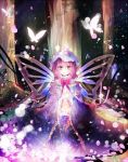  1girl breasts butterfly butterfly_wings cherry_blossoms hat japanese_clothes kazu_(muchuukai) light_particles nature obi petals pink_eyes pink_hair ribbon saigyouji_yuyuko short_hair sitting smile touhou tree triangular_headpiece wide_sleeves wings 