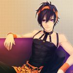  1boy bare_shoulders black_hair chimachi headband jojo_no_kimyou_na_bouken narancia_ghirga solo violet_eyes 