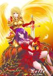  2girls alternate_costume angel armor belle blonde_hair breasts helmet kayle league_of_legends long_hair morgana multiple_girls pauldrons pointy_ears purple_hair siblings signature sisters sitting sword weapon wings yellow_eyes 