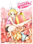  1boy 1girl blonde_hair crushed gift green_eyes grin hair_ornament hair_ribbon hairclip happy_birthday hoodie kagamine_len kagamine_rin midriff nac000 ribbon short_hair shorts smile sweatdrop tank_top vocaloid 