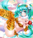  1girl artist_name at_classics cosplay detached_sleeves green_eyes green_hair hatsune_miku headset horns long_hair lum_(cosplay) marker_(medium) navel sample solo thigh-highs traditional_media twintails very_long_hair vocaloid 