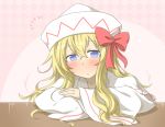 1girl blonde_hair blue_eyes blush bow hat hat_bow lily_white long_hair long_sleeves looking_at_viewer nobamo_pieruda solo touhou wide_sleeves 