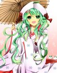  1girl green_eyes green_hair hair_ornament hatsune_miku japanese_clothes kimono leaf open_mouth oriental_umbrella ringoro snow_bunny solo uchikake umbrella vocaloid yuki_miku 