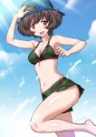  1girl akiyama_yukari armpits baseball_cap bikini blush breasts brown_eyes brown_hair cleavage clouds girls_und_panzer hat joy_ride multiple_girls open_mouth sarong short_hair sky smile solo splashing swimsuit water 