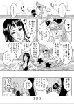  1girl 2boys bikini black_hair brook comic franky goggles innertube monochrome multiple_boys nico_robin nika_(nikasa_an) one_piece swimsuit translation_request water wet 