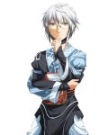  1boy choker glasses long_sleeves morichika_rinnosuke noise-111 pouch puffy_sleeves short_hair silver_hair solo touhou white_background wide_sleeves yellow_eyes 